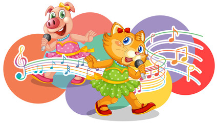 Naklejka premium Singer cat and pig cartoon with music melody symbols