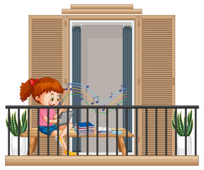 A girl doing homework on the balcony