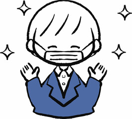 マスクを付けてニコニコと微笑むスーツ姿の男性のイラスト(キラキラ)