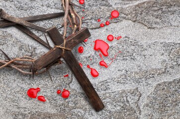 Wooden cross with of Crown of thorns. Christian religion.