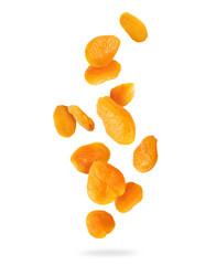 Delicious dried apricots in the air ,isolated on a white background