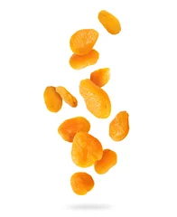 Poster Delicious dried apricots in the air ,isolated on a white background © Krafla