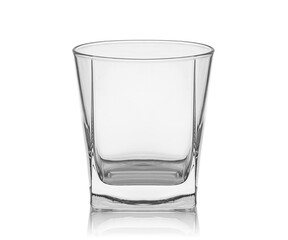 Empty transparent glass cup, shot glass, glass for wine, whiskey, cognac, martini, beer, juice and other drinks, isolated on white background. Dishes for bar, restaurant, pub.