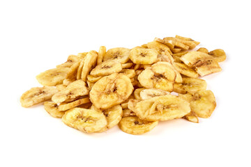 Dried banana slices isolated on white background.