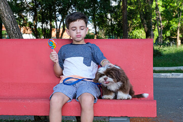 8 year old boy sitting on a red bench with a lollipop in his hand and petting his pet.