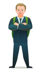 Obraz premium Pretty little boy student. Cheerful schoolboy. Standing pose. Cartoon flat design in comic style. Single character. Illustration isolated on white background. Vector