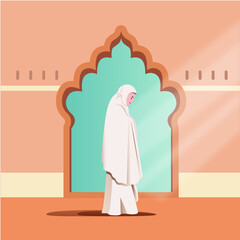 flat ramadan illustration islam woman pray wear white hijab in mosque