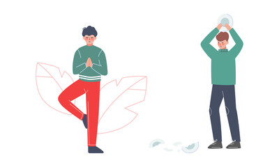 Stress relieving concept. Young men meditating and breaking dishes to calm down cartoon vector illustration