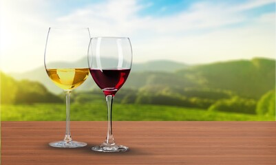 Wine, tasting of red and rose dry wines on winery with view on vineyards and south slopes