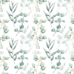 Watercolor floral Allover seamless pattern with eucalyptus branches. Spring colorful decor with hand drawn botanical illustrations leaves on white background © Elena