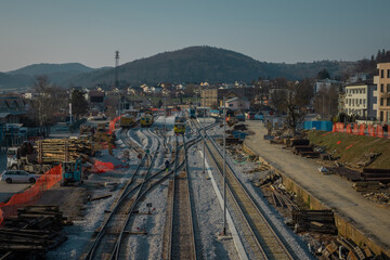Train station of Grosuplje under renovation. New fresh tracks are being laide. Top view of train...