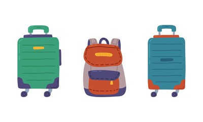 Green suitcase on wheels and backpack. Summer vacation objects cartoon vector illustration