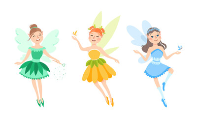 Set of happy little girls elves in colorful dress with wings vector illustration