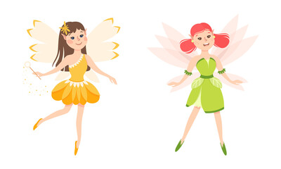 Set of happy little girls fairies in orange and green dress with wings vector illustration