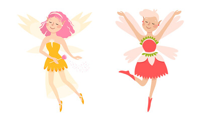 Set of happy little girls fairies in orange and red dress with wings vector illustration
