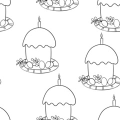Seamless pattern with Easter cake on white background. Hand drawn Happy Easter symbol. Design for card, postcard, wallpaper, poster, fabric, textile. Holiday sweet food. Doodle style