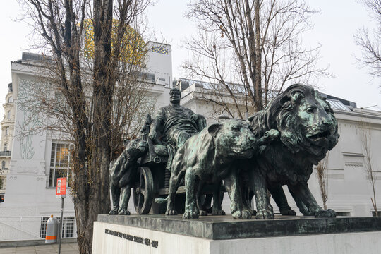 Sculpture of Marc Anton with lions by Arthur Strasser near famous Secession Building in Vienna, Austria. January 2022