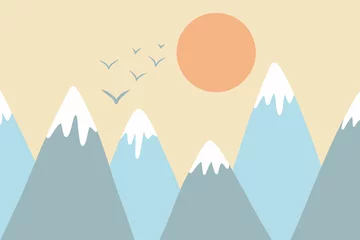  Vector childish drawn mountain illustration in scandinavian style. Mountain landscape, sun and birds. children's wallpaper. Mountain landscape, children's room design, wall decor. © Евгения Крупель