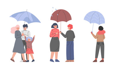 People walking under umbrellas set cartoon vector illustration