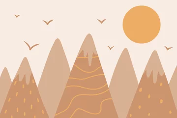  Vector childish drawn mountain illustration in scandinavian style. Mountain landscape, sun and birds. children's wallpaper. Mountain landscape, children's room design, wall decor. Kid's boho style. © Евгения Крупель
