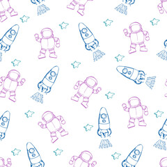 Space seamless pattern. Hand drawn space, spaceships, rocket, stars. Trendy kids vector background. Hand drawn space elements seamless pattern. Space doodle back