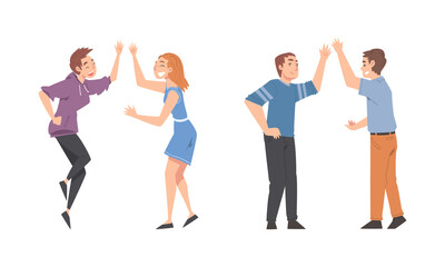Fototapeta na wymiar People giving high five set. Informal greeting gesture cartoon vector illustratio
