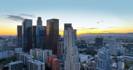 Los Angeles skyline and skyscrapers. Downtown Los Angeles aerial view, business centre of the city, office building.