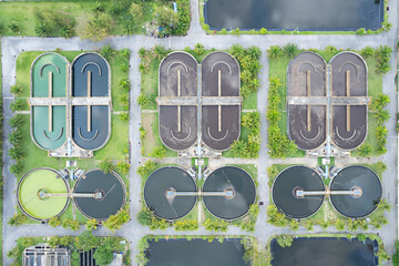 Aerial view High angle view Top down drone shot of the sewage treatment plant.The Solid contact...