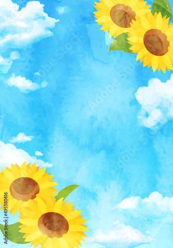ひまわりと青空の夏の水彩のベクターイラスト背景 Art Holiday August Canvas Print Augu Honyojima