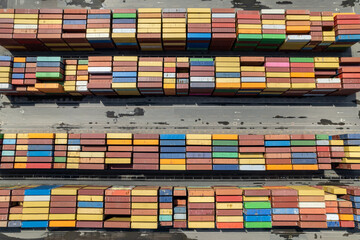 Aerial view industrial port with containers.