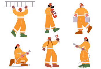 Firemen brigade with extinguisher, water hose, ladder, ax and buckets. Vector flat illustration of group of men and women professional firefighters in helmet and safety costume