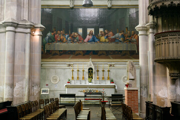 Interior with mosaic copy of famous fresco Last Supper of Leonardo da Vinci in Minorite Church...