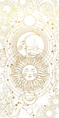 Esoteric banner for astrology, astronomy, tarot. The magical device of the universe, the golden sun and moon on a white space background. Vintage vector illustration, story background.