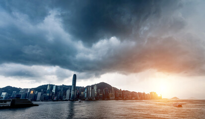 Hong Kong downtown with dark clouds in storm