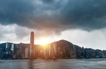 Hong Kong downtown with dark clouds in storm