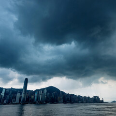 Hong Kong downtown with dark clouds in storm