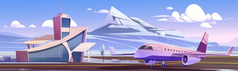 Airport terminal and private jet on runway strip in winter. Vector cartoon illustration of nordic landscape with small airport building, plane on landing field, snow, and mountains