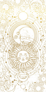 Esoteric Banner For Astrology, Astronomy, Tarot. The Magical Device Of The Universe, The Golden Sun And Moon On A White Space Background. Vintage Vector Illustration, Story Background.