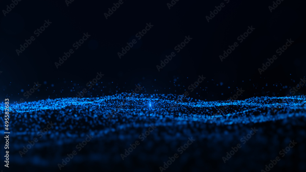 Poster digital particle wave and light blue color abstract background, 3d rendering