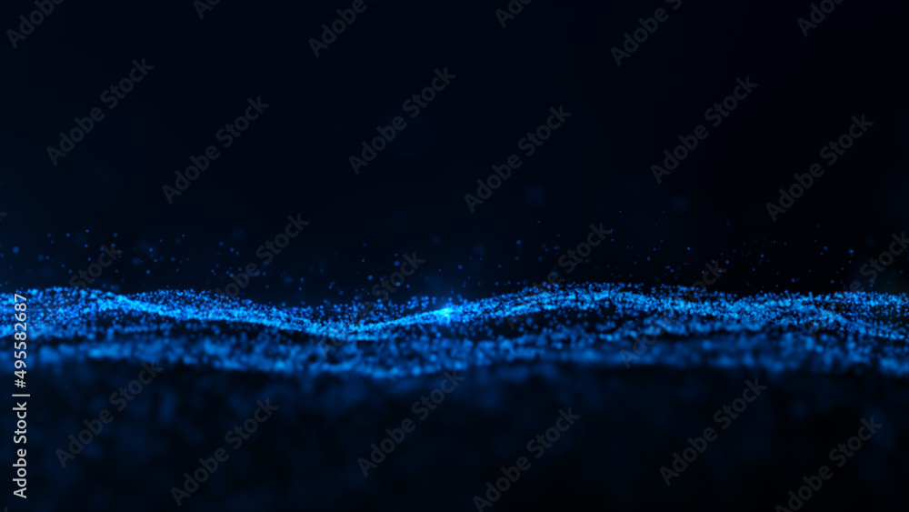 Poster digital particle wave and light blue color abstract background, 3d rendering