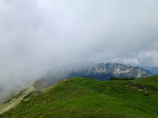 Fototapeta na wymiar Mountain hiking tour to Notkarspitze mountain, Ammergau Alps, Germany