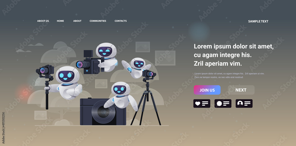 Aufkleber robotic television operators using video camera robots cameramen looking through camcorder movie mak