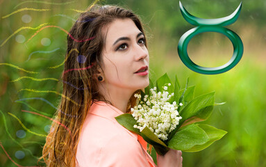 Spring portrait of a woman with flowers and zodiac sign Taurus,astrology
