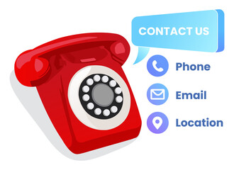 Illustration of old red telephone in contact us concept