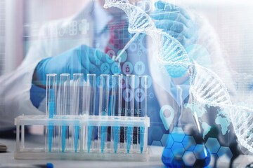 Scientist with tube pcr and virtual screen with data scientific at genetic engineering lab. Biomedical engineer genetic working with tubes in biotechnical laboratory