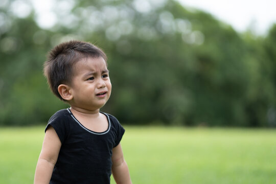 Asian Little Toddler Boy Is Crying While He Is Walking Alone In The Park, Concept Of Emotional Expression Of Kid For Scare, Lonely, Worry, Upset, Stress, Depress In The Childhood.