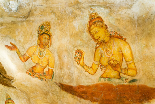 5th Century rock painting of semi nude women at Sigiriya, Sri Lanka