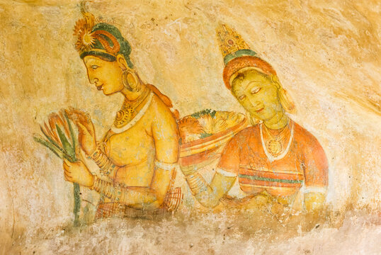 5th Century rock painting of semi nude women at Sigiriya, Sri Lanka