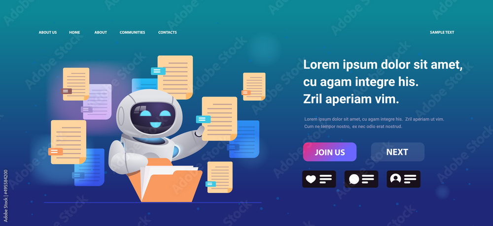 Poster robot sorting documents robotic character organizing folder file management paperwork data archive a