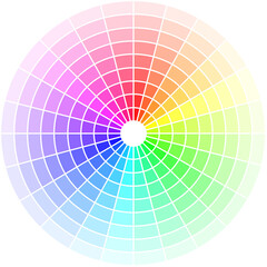 Fototapeta premium Color wheel of tints of 24 colors. Colorful scale by adding white to hues and mixture of pure colors. RGB model. Variety of light pastel pale nuances, graphic tool for design and color combinations.
